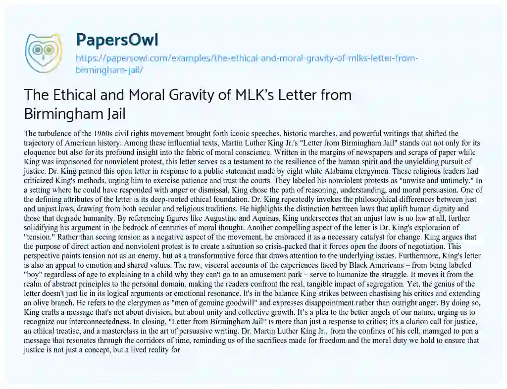 Essay on The Ethical and Moral Gravity of MLK’s Letter from Birmingham Jail