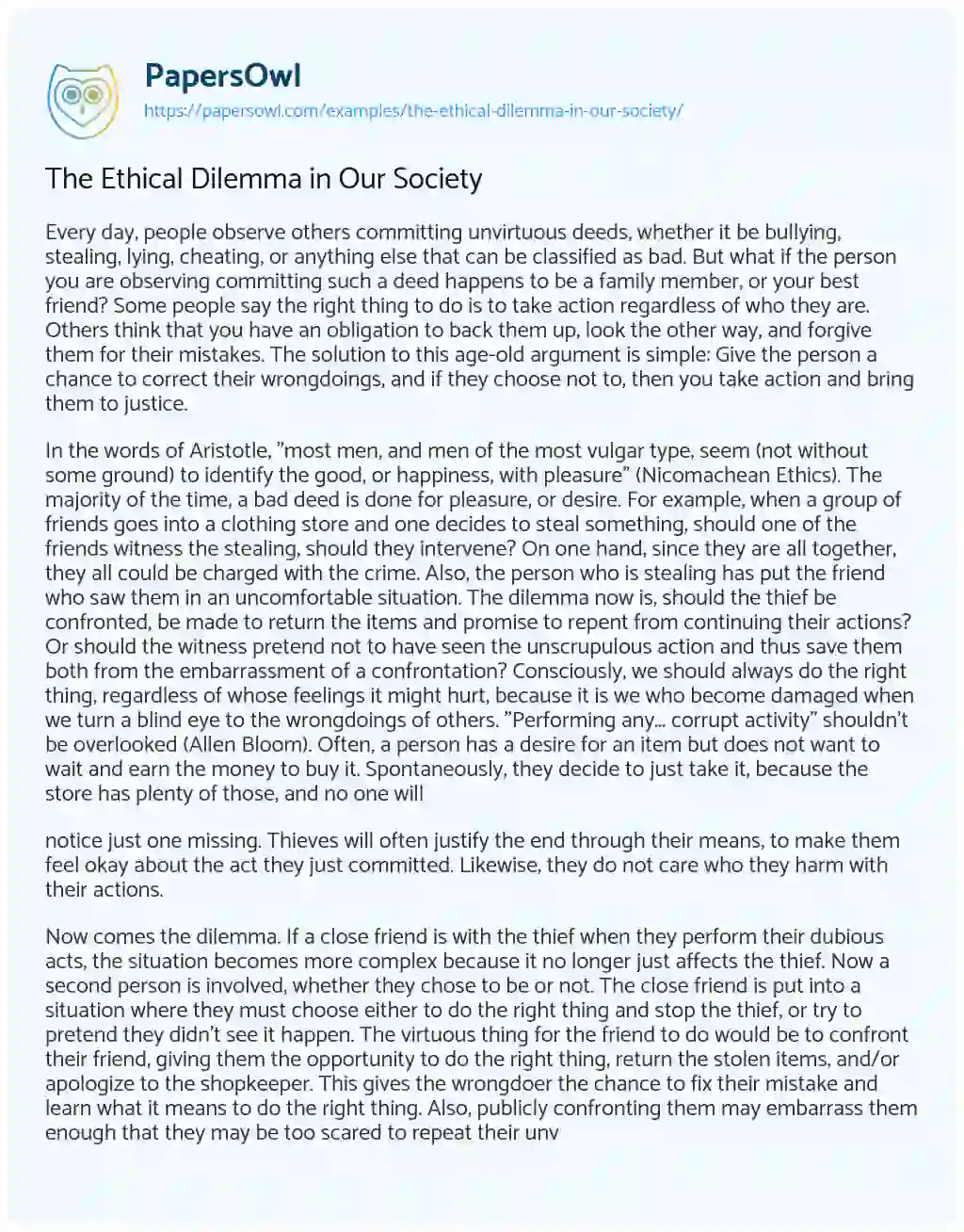 Essay on The Ethical Dilemma in our Society