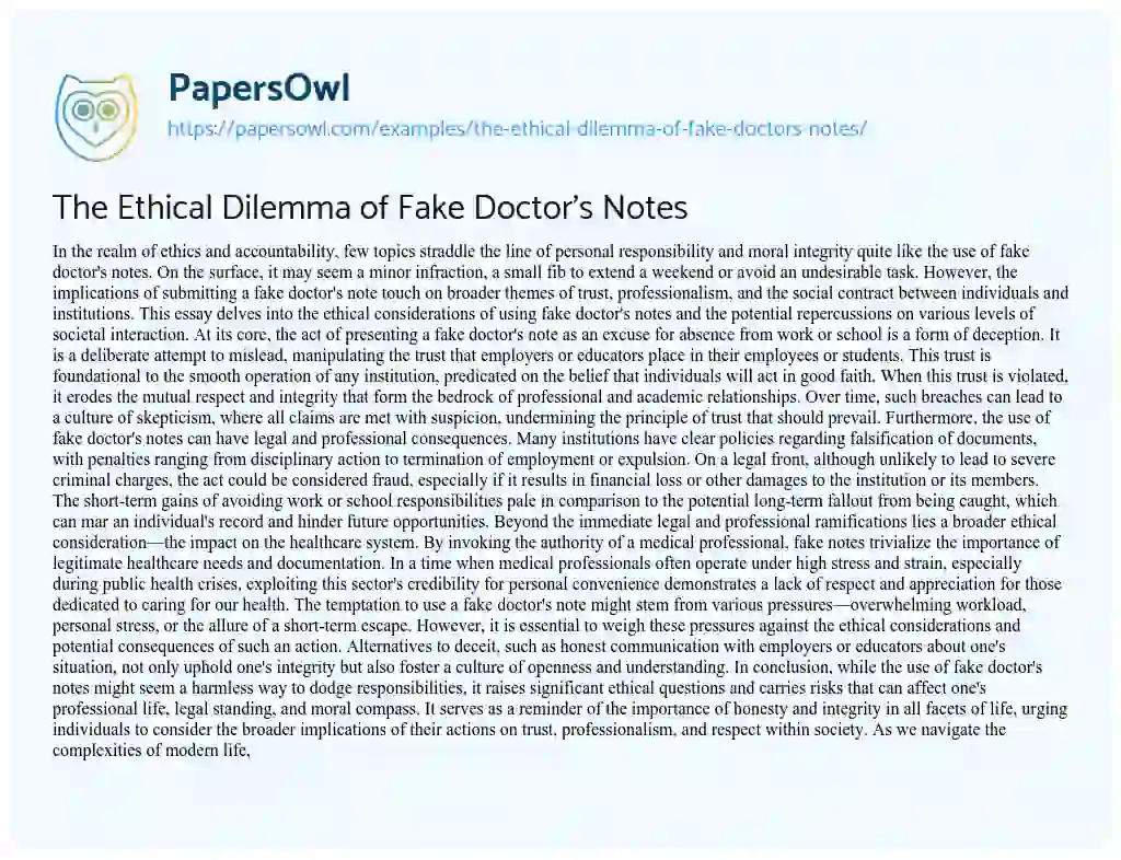 Essay on The Ethical Dilemma of Fake Doctor’s Notes