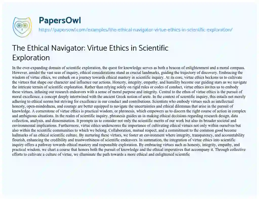 Essay on The Ethical Navigator: Virtue Ethics in Scientific Exploration
