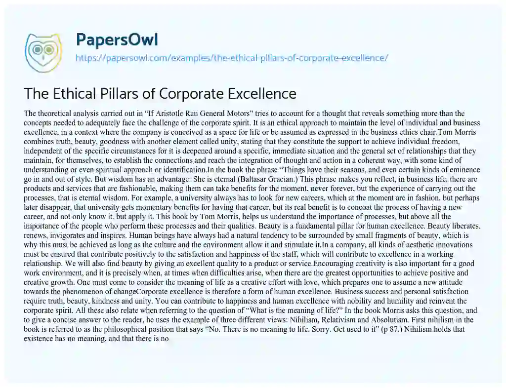 Essay on The Ethical Pillars of Corporate Excellence