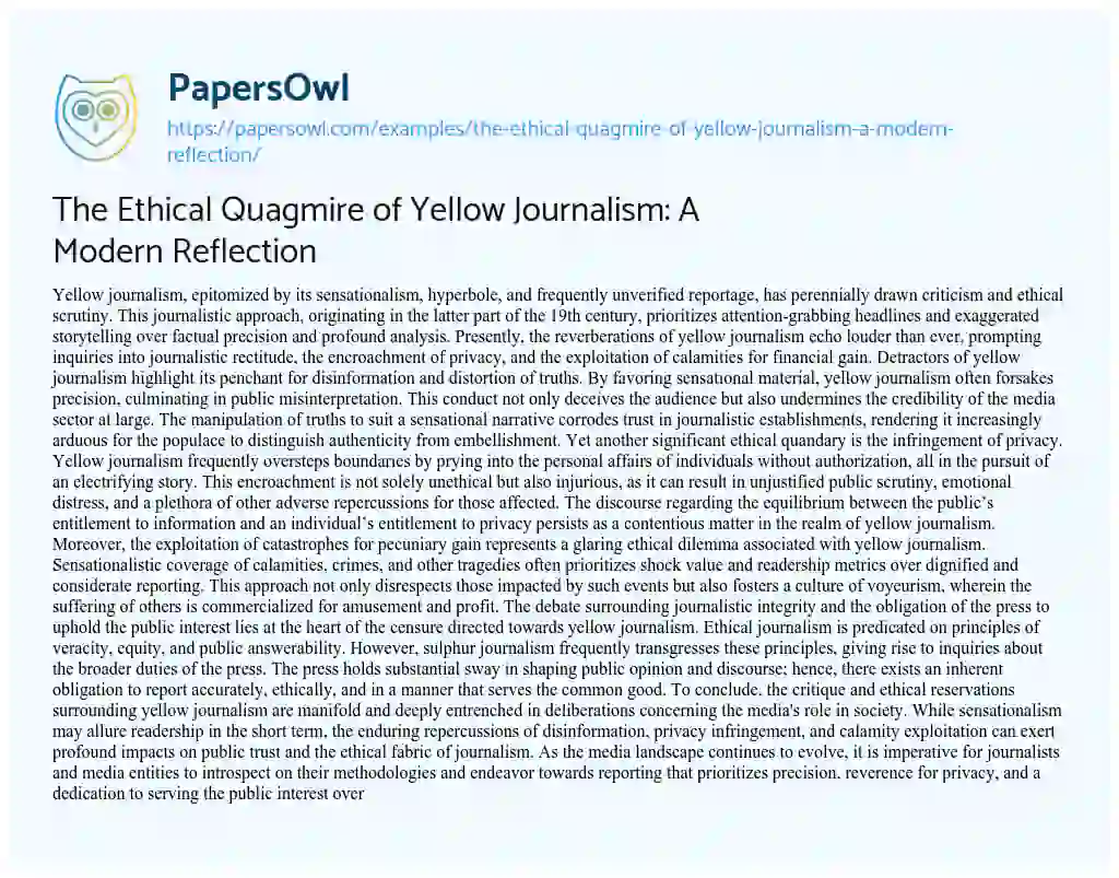 Essay on The Ethical Quagmire of Yellow Journalism: a Modern Reflection