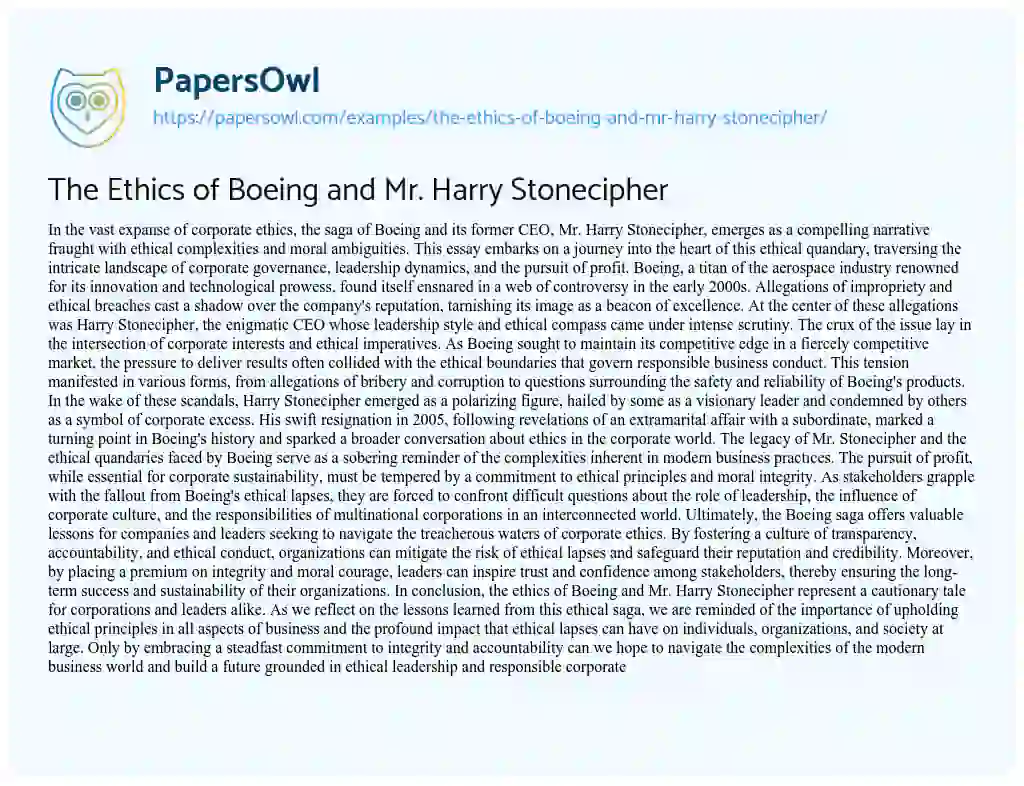 Essay on The Ethics of Boeing and Mr. Harry Stonecipher