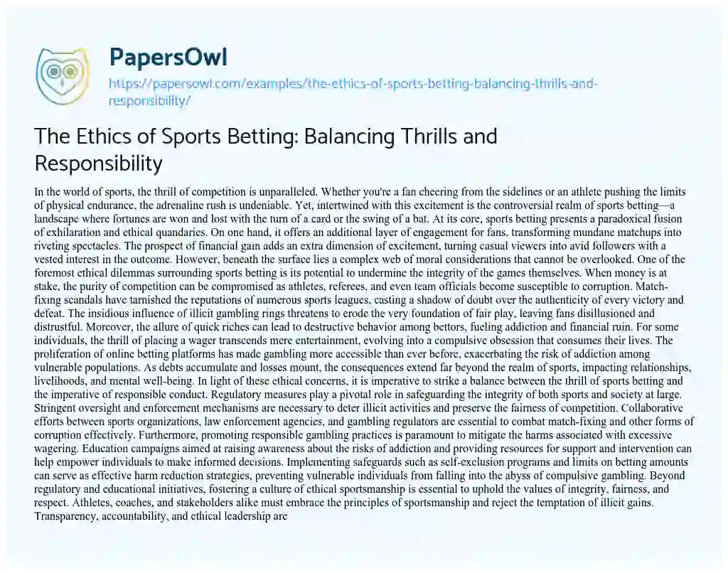 Essay on The Ethics of Sports Betting: Balancing Thrills and Responsibility