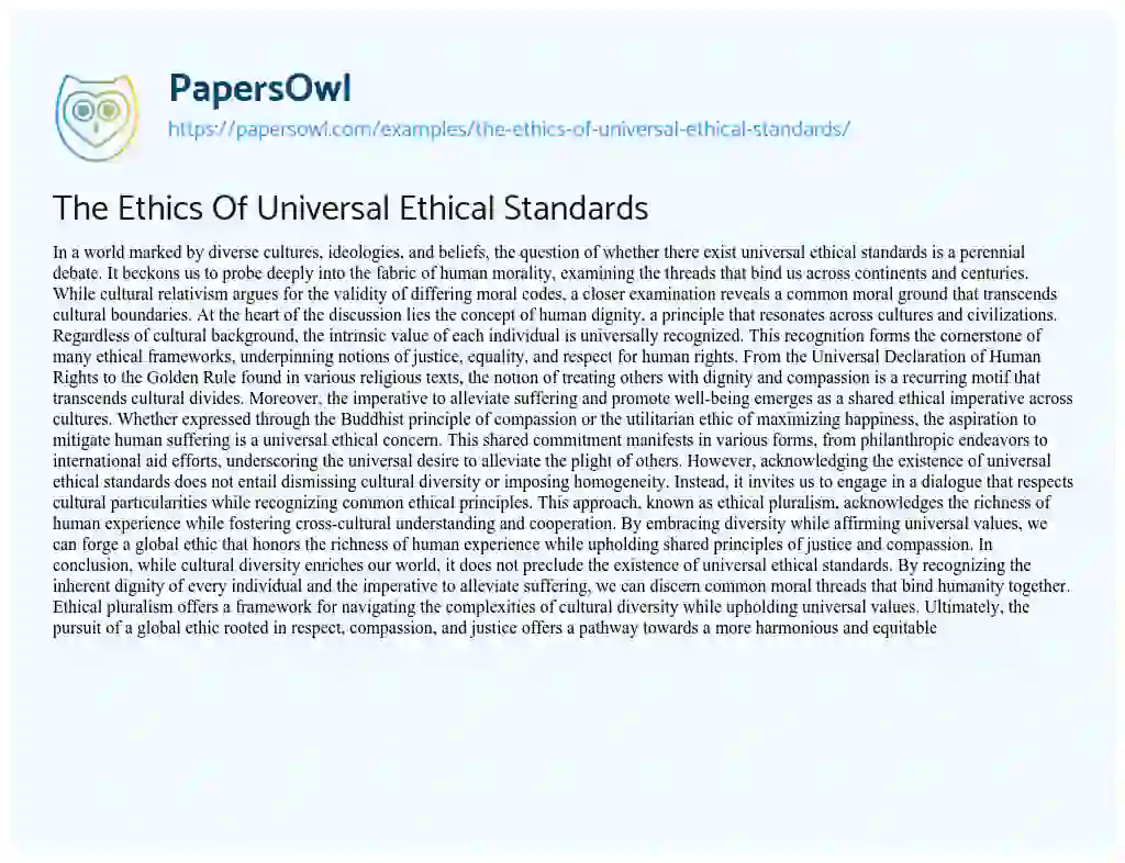 Essay on The Ethics of Universal Ethical Standards