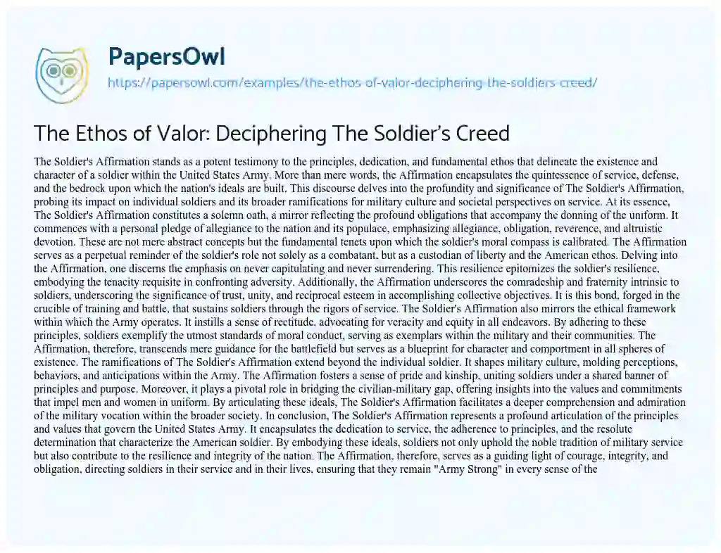 Essay on The Ethos of Valor: Deciphering the Soldier’s Creed