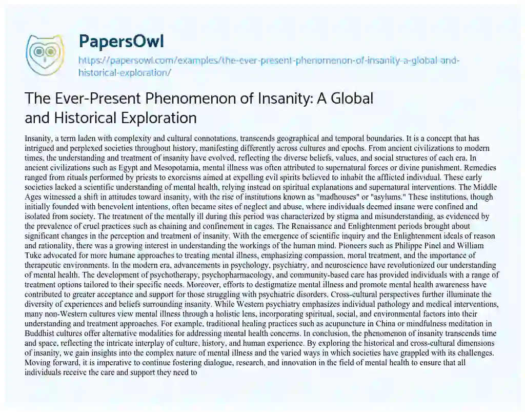 Essay on The Ever-Present Phenomenon of Insanity: A Global and Historical Exploration