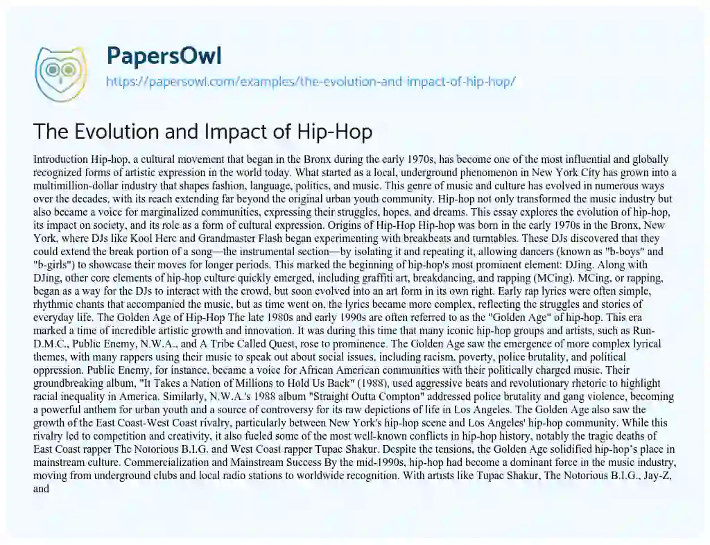 Essay on The Evolution and Impact of Hip-Hop