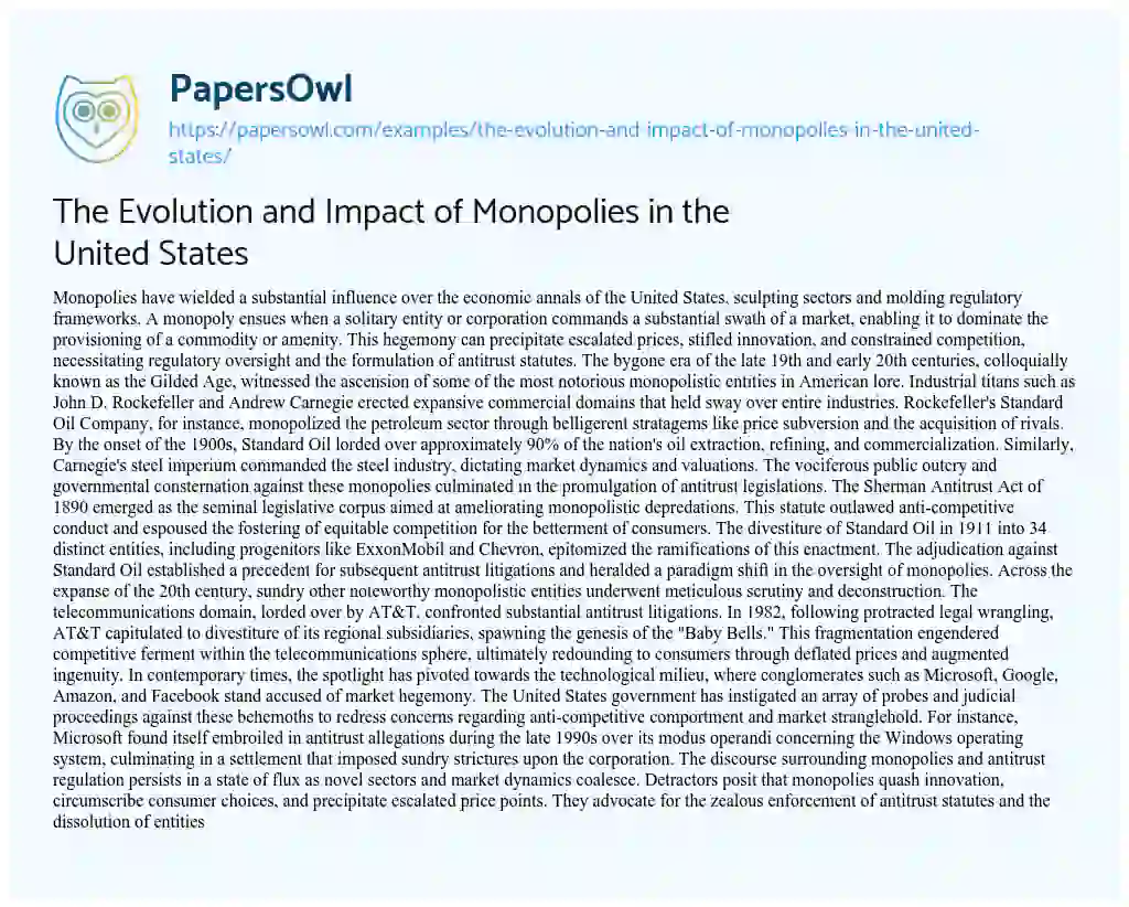 Essay on The Evolution and Impact of Monopolies in the United States