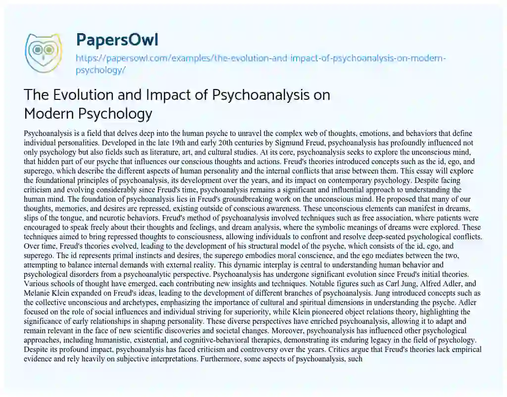 Essay on The Evolution and Impact of Psychoanalysis on Modern Psychology