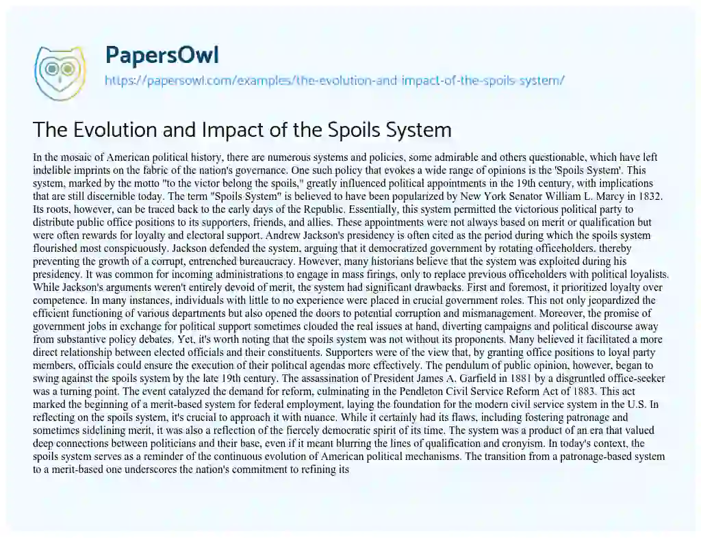Essay on The Evolution and Impact of the Spoils System