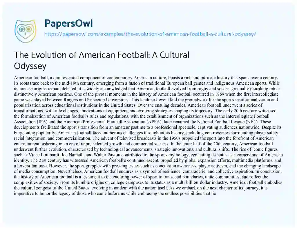 Essay on The Evolution of American Football: a Cultural Odyssey