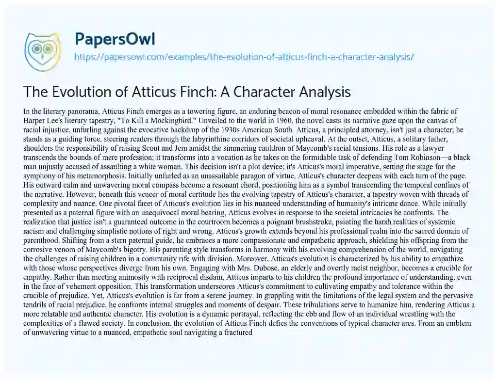 Essay on The Evolution of Atticus Finch: a Character Analysis