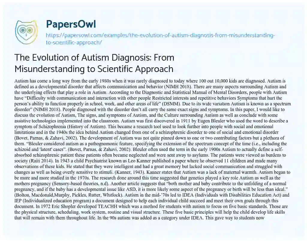 Essay on The Evolution of Autism Diagnosis: from Misunderstanding to Scientific Approach
