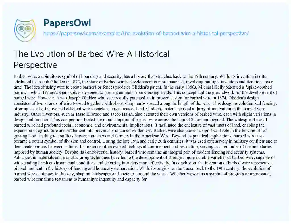 Essay on The Evolution of Barbed Wire: a Historical Perspective