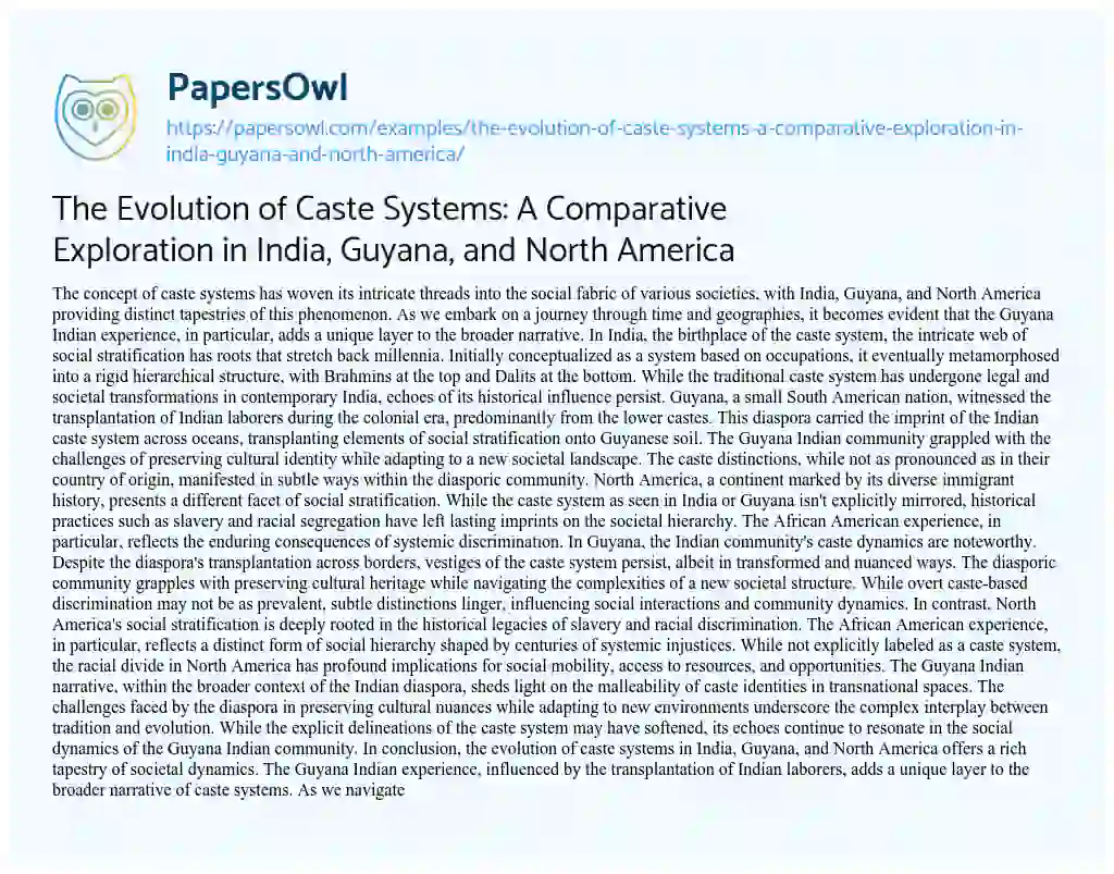 Essay on The Evolution of Caste Systems: a Comparative Exploration in India, Guyana, and North America
