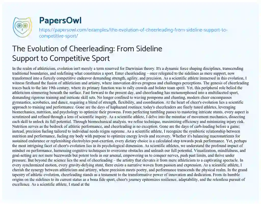 Essay on The Evolution of Cheerleading: from Sideline Support to Competitive Sport