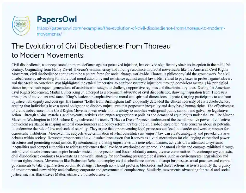 Essay on The Evolution of Civil Disobedience: from Thoreau to Modern Movements