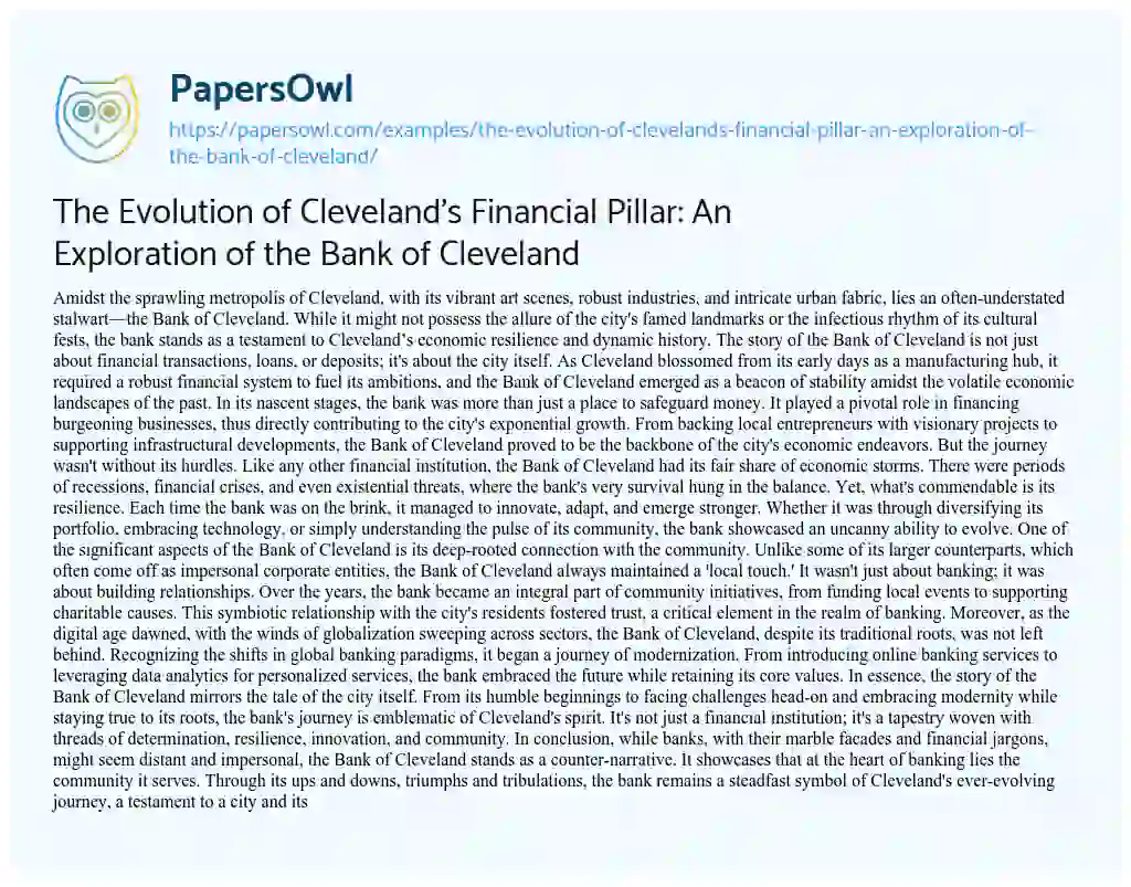 Essay on The Evolution of Cleveland’s Financial Pillar: an Exploration of the Bank of Cleveland