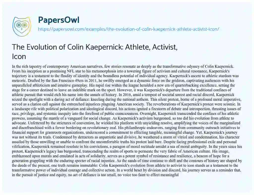 Essay on The Evolution of Colin Kaepernick: Athlete, Activist, Icon