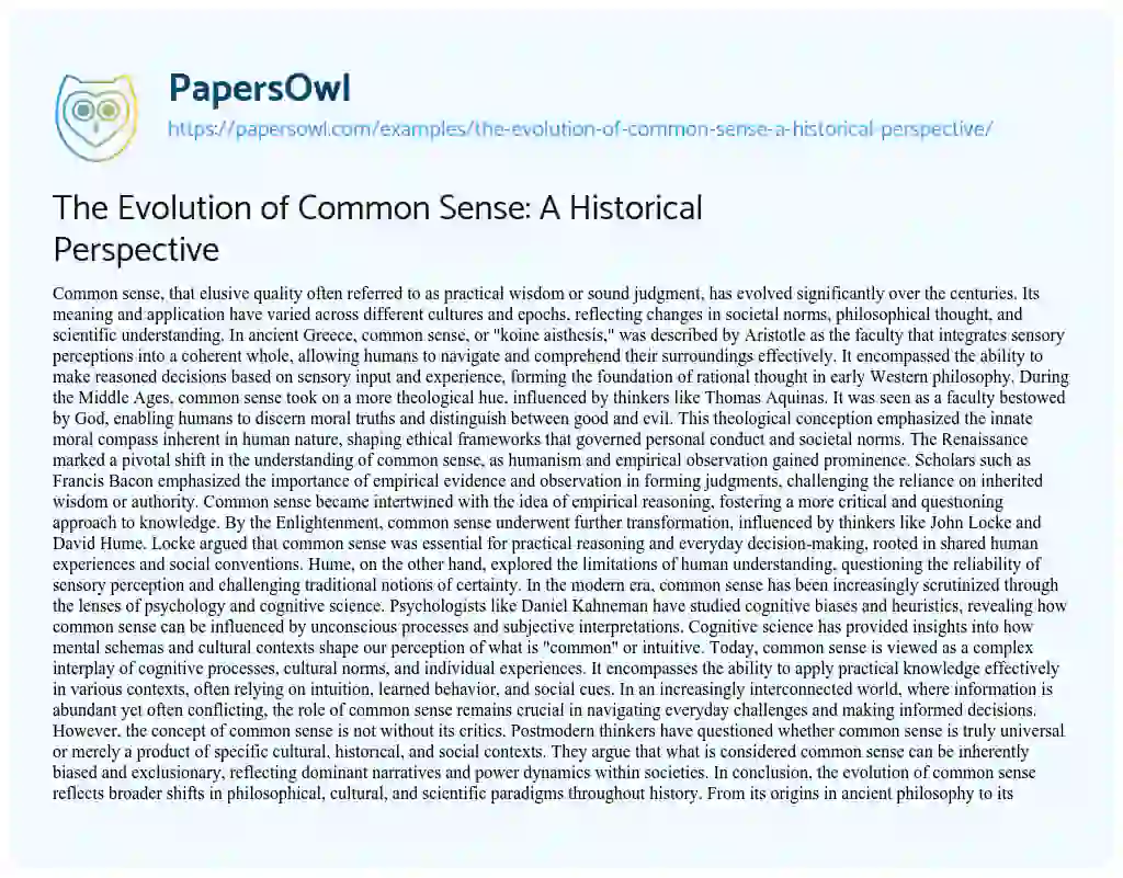 Essay on The Evolution of Common Sense: a Historical Perspective