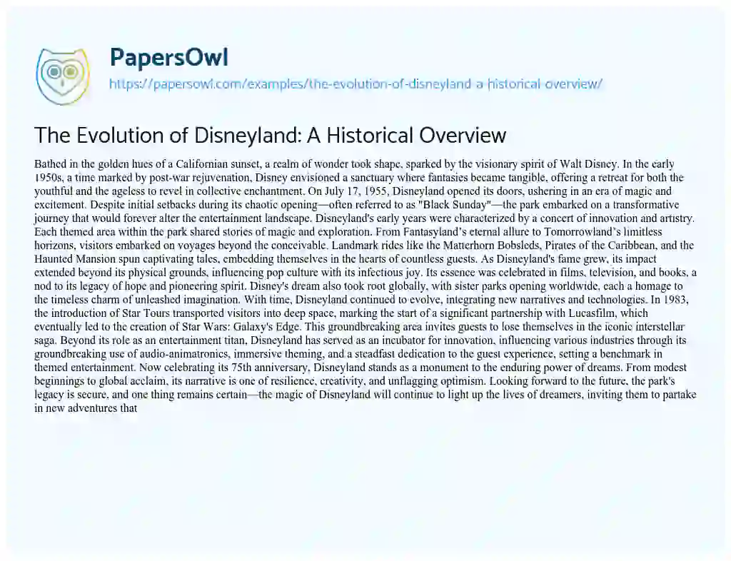 Essay on The Evolution of Disneyland: a Historical Overview