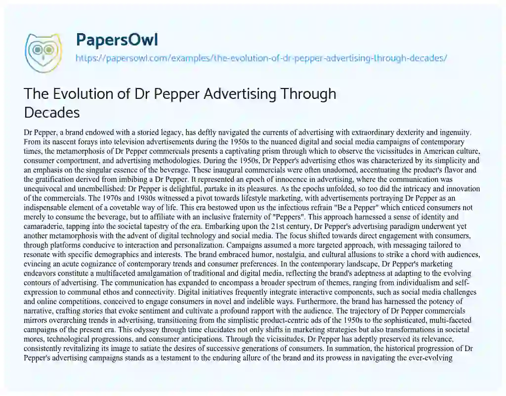 Essay on The Evolution of Dr Pepper Advertising through Decades