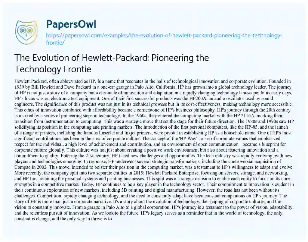 Essay on The Evolution of Hewlett-Packard: Pioneering the Technology Frontie