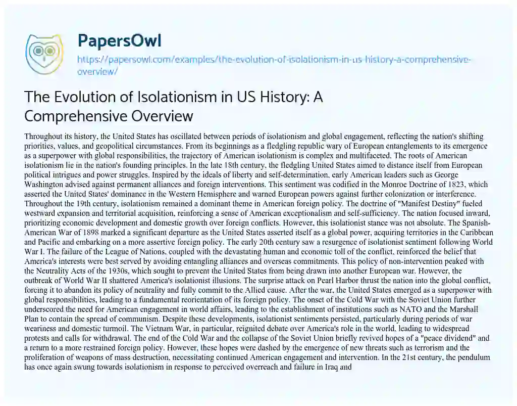 Essay on The Evolution of Isolationism in US History: a Comprehensive Overview