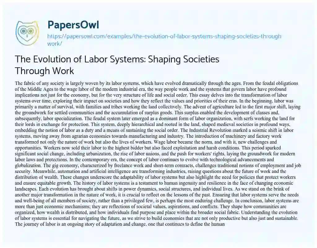 Essay on The Evolution of Labor Systems: Shaping Societies through Work