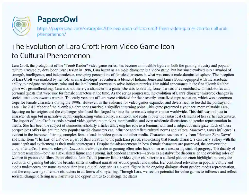 Essay on The Evolution of Lara Croft: from Video Game Icon to Cultural Phenomenon