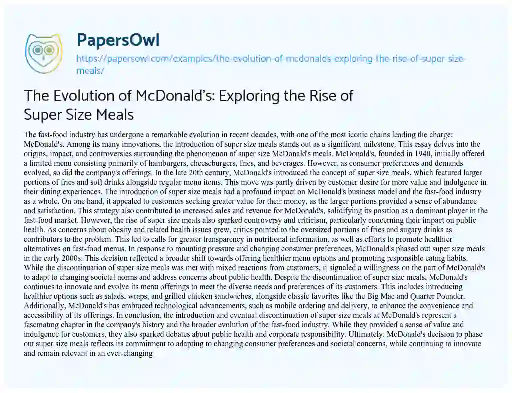 Essay on The Evolution of McDonald’s: Exploring the Rise of Super Size Meals