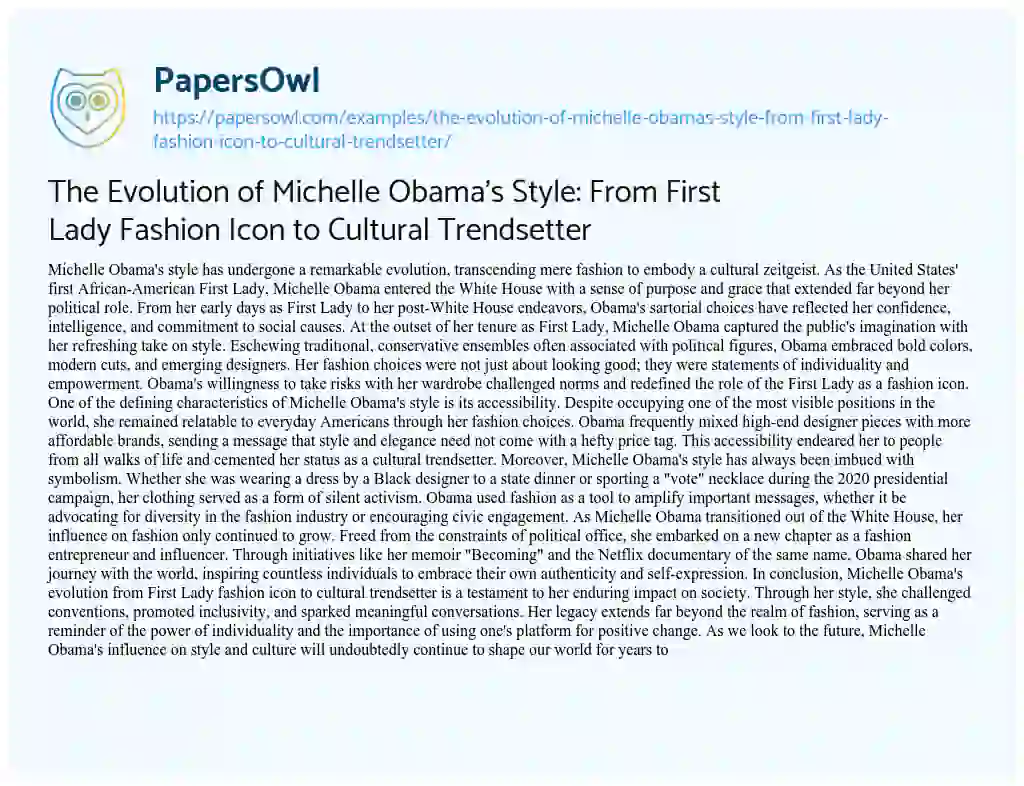 Essay on The Evolution of Michelle Obama’s Style: from First Lady Fashion Icon to Cultural Trendsetter
