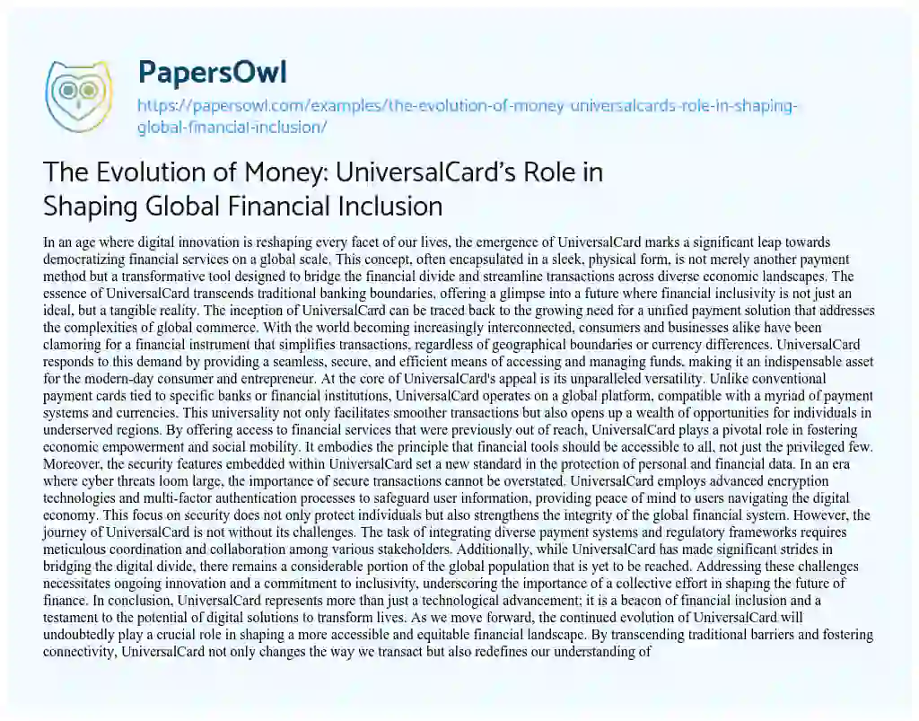 Essay on The Evolution of Money: UniversalCard’s Role in Shaping Global Financial Inclusion