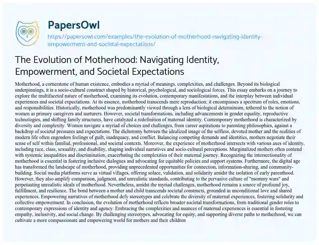Essay on The Evolution of Motherhood: Navigating Identity, Empowerment, and Societal Expectations