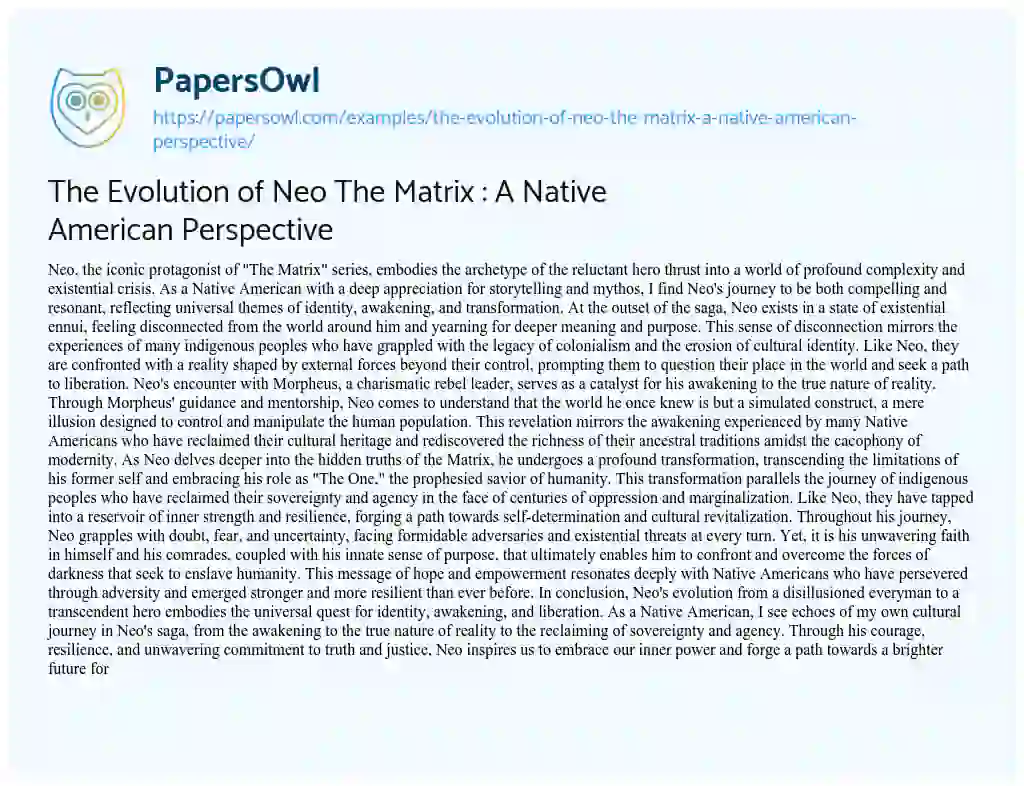 Essay on The Evolution of Neo the Matrix : a Native American Perspective
