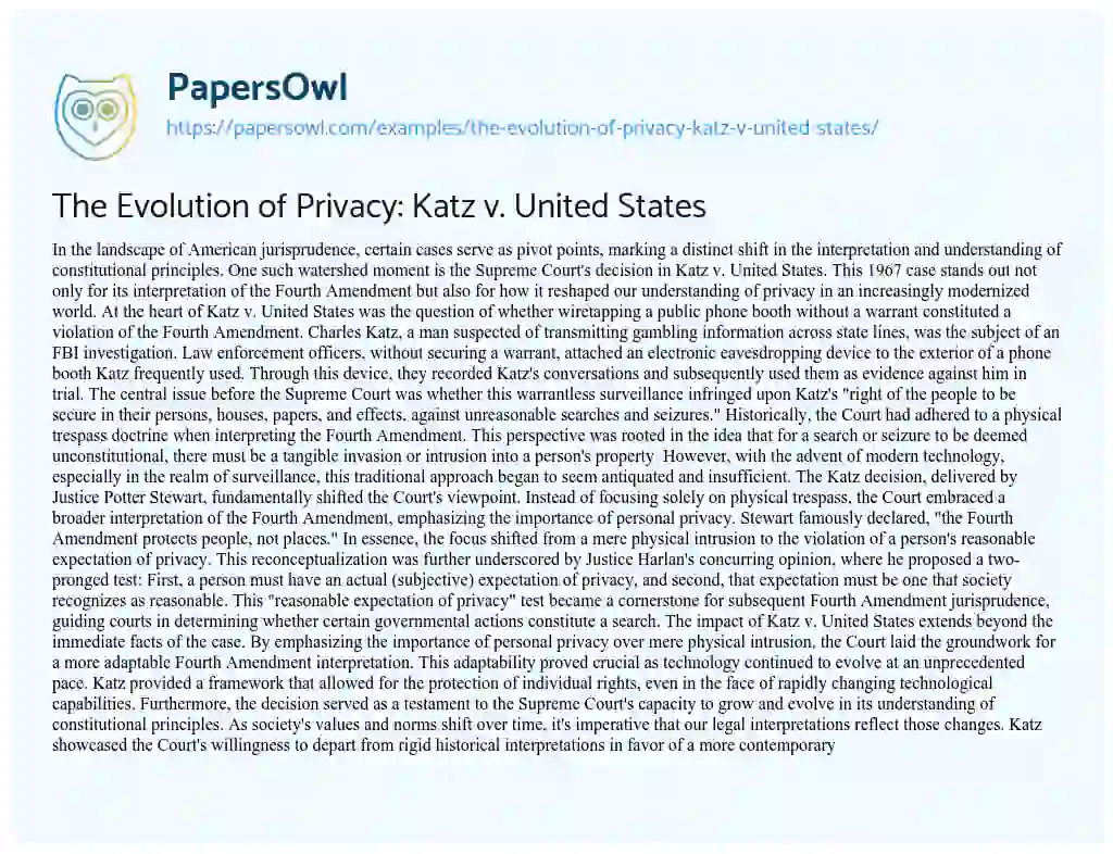 Essay on The Evolution of Privacy: Katz V. United States
