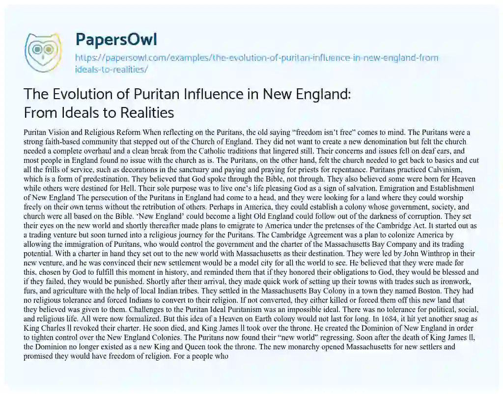 Essay on The Evolution of Puritan Influence in New England: from Ideals to Realities