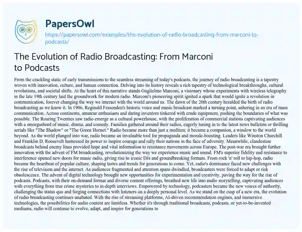 Essay on The Evolution of Radio Broadcasting: from Marconi to Podcasts