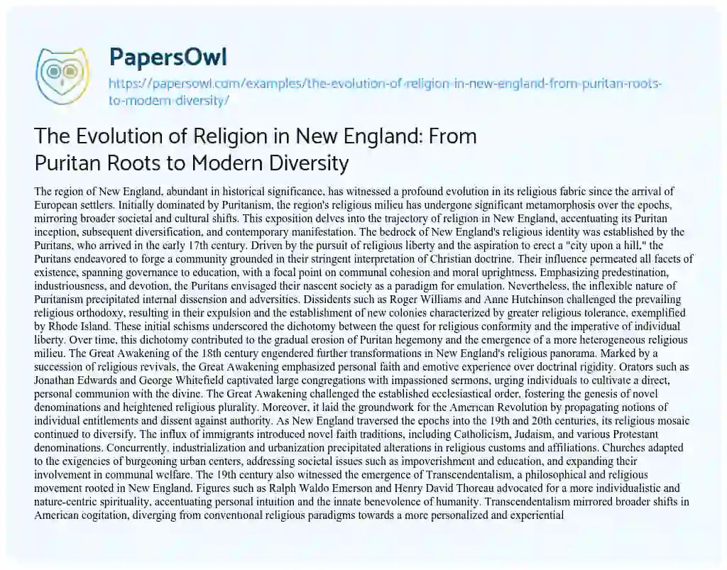 Essay on The Evolution of Religion in New England: from Puritan Roots to Modern Diversity