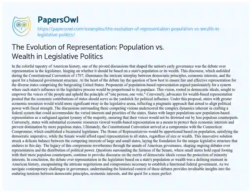 Essay on The Evolution of Representation: Population Vs. Wealth in Legislative Politics