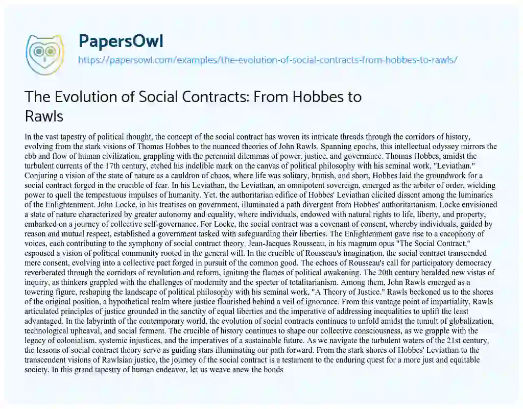 Essay on The Evolution of Social Contracts: from Hobbes to Rawls
