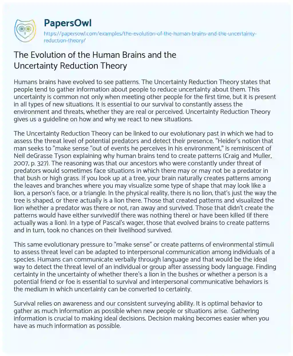 Essay on The Evolution of the Human Brains and the Uncertainty Reduction Theory