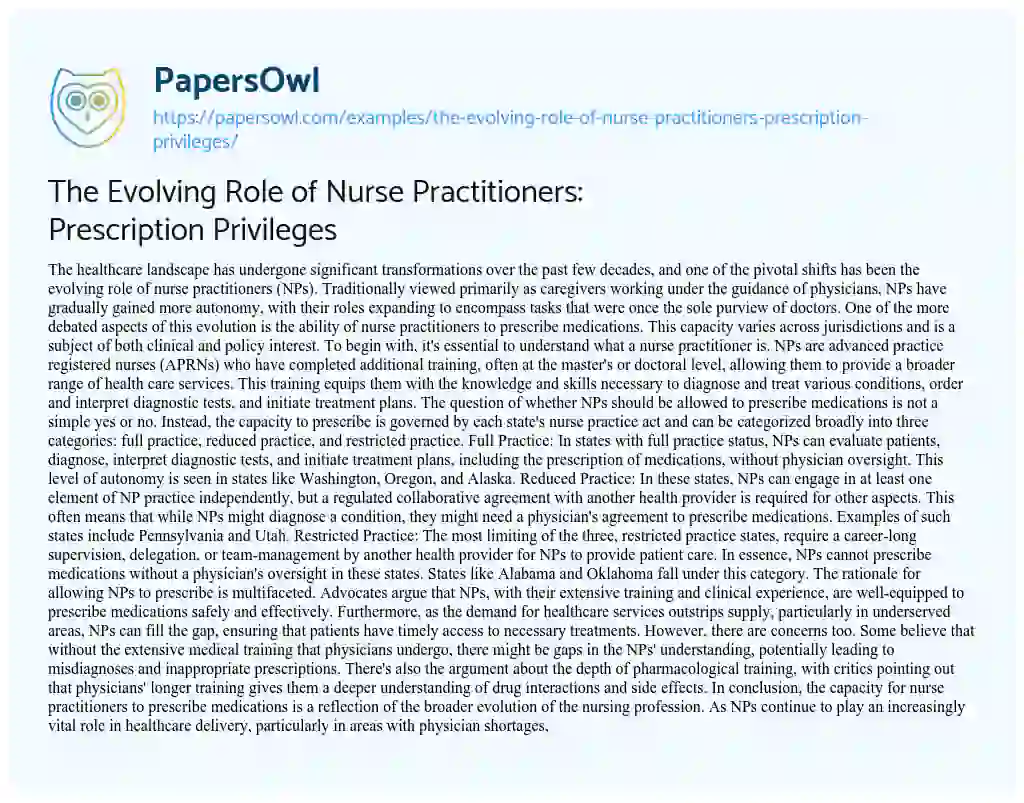Essay on The Evolving Role of Nurse Practitioners: Prescription Privileges