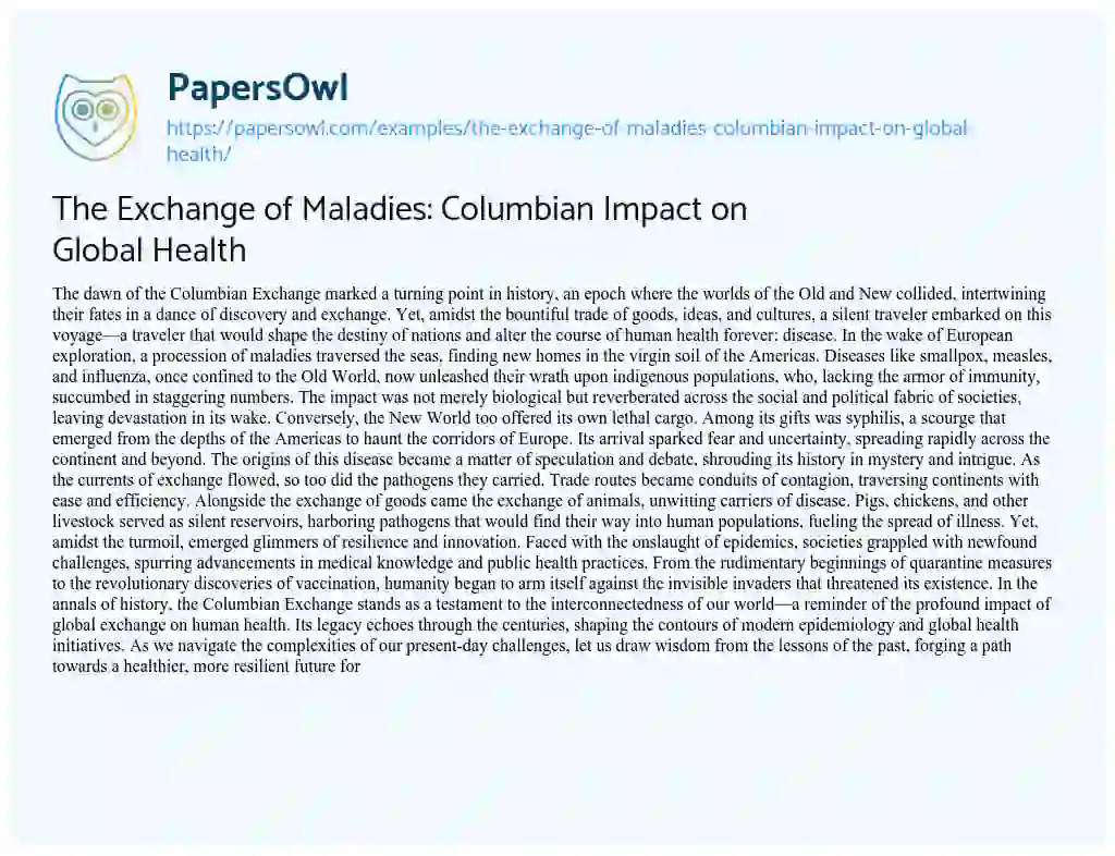 Essay on The Exchange of Maladies: Columbian Impact on Global Health