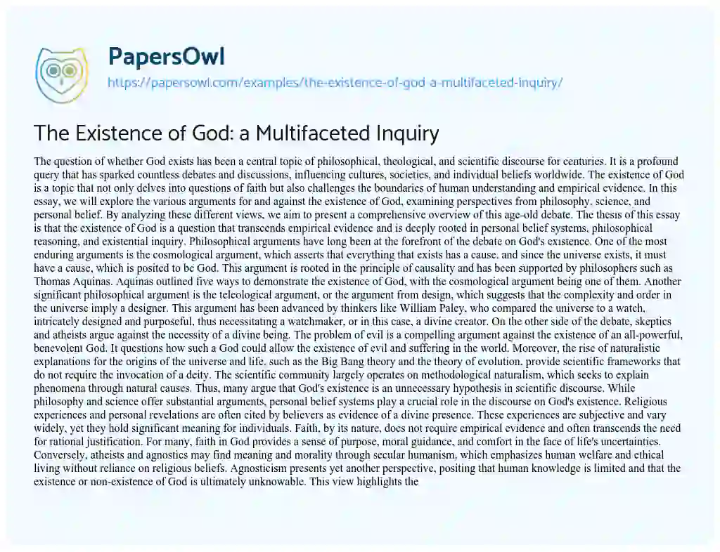 Essay on The Existence of God: a Multifaceted Inquiry