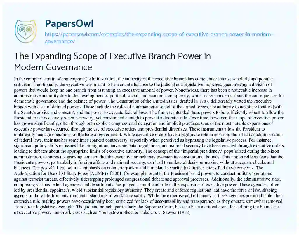 Essay on The Expanding Scope of Executive Branch Power in Modern Governance