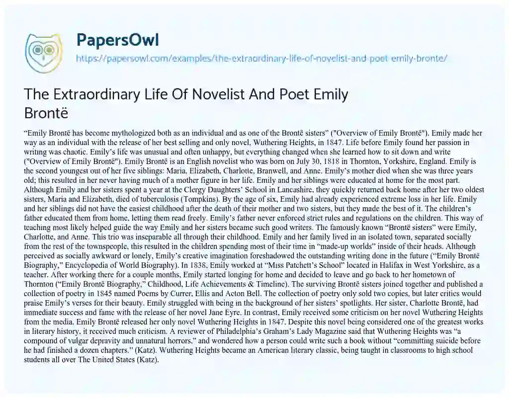 Essay on The Extraordinary Life of Novelist and Poet Emily Brontë