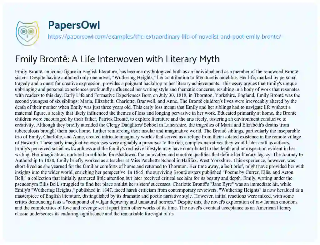 Essay on The Extraordinary Life of Novelist and Poet Emily Brontë