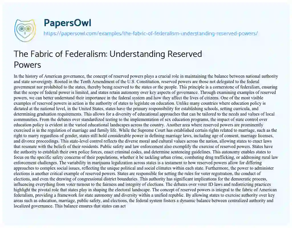 Essay on The Fabric of Federalism: Understanding Reserved Powers
